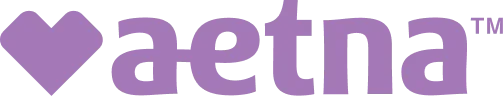 Aetna brand logo with a purple heart symbol and the company name in purple letters.
