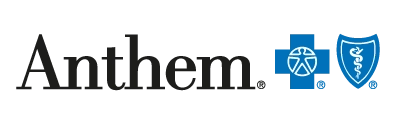 Anthem logo with black text and two blue shield icons with health symbols.