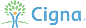 Cigna logo with stylized tree and person design in green and blue.