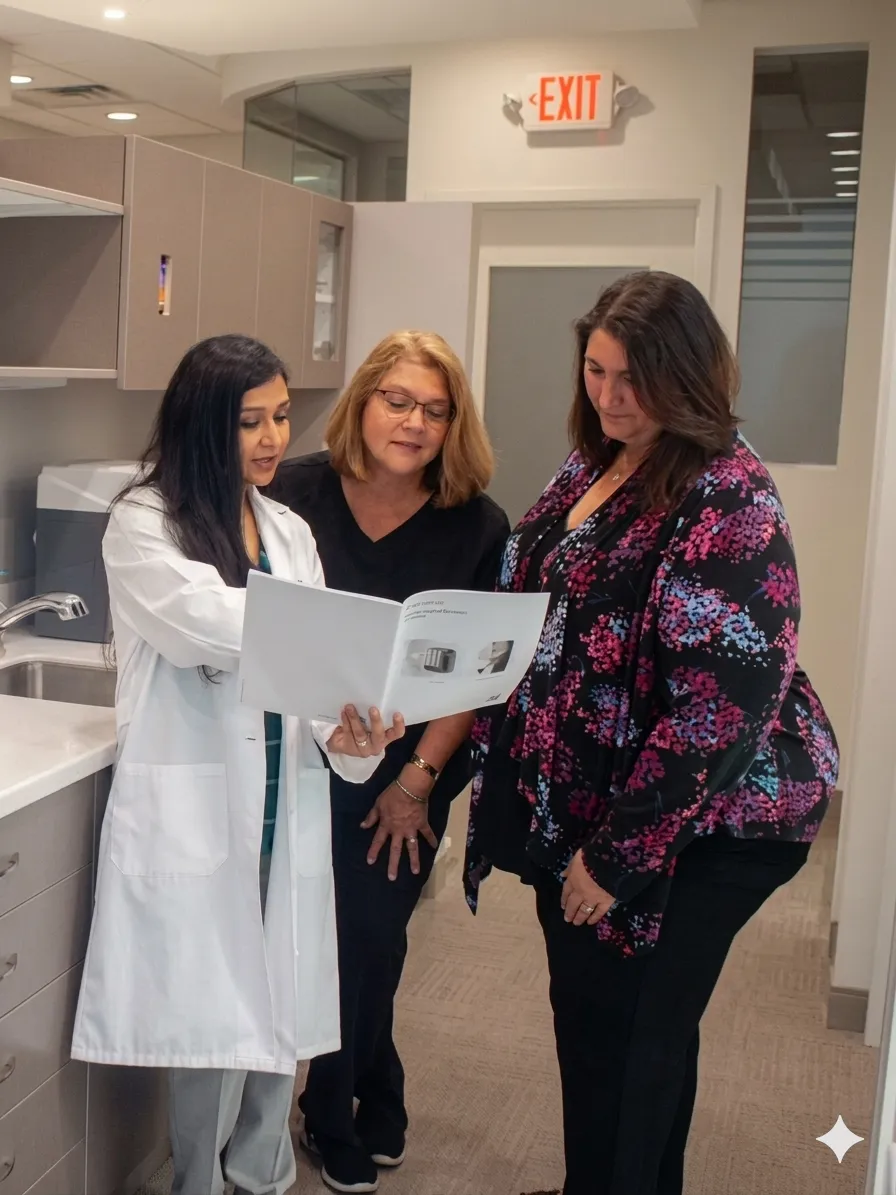 Three women standing in an office, one in a white coat showing documents to the others.