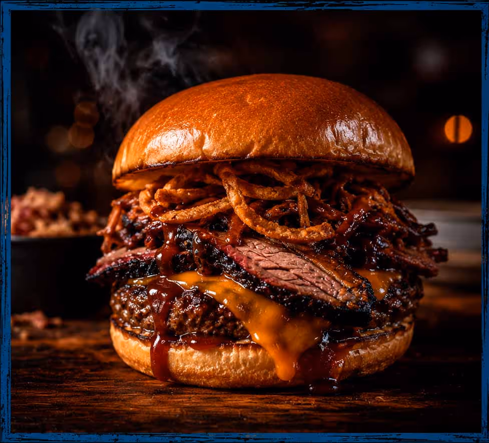 A close up of a burger with onions and cheese.
