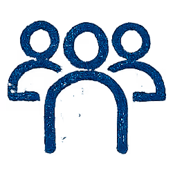 A blue and white logo of three people.