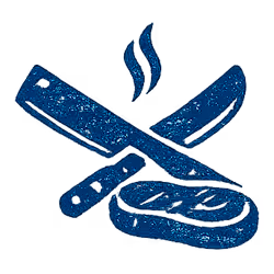 A blue and white image of a pair of scissors.