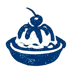 A blue drawing of a pie with a cherry on top.