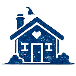 A blue house with a chimney and a heart on the door.