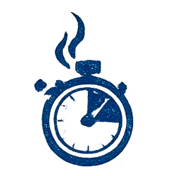 A blue clock with a flame on it.