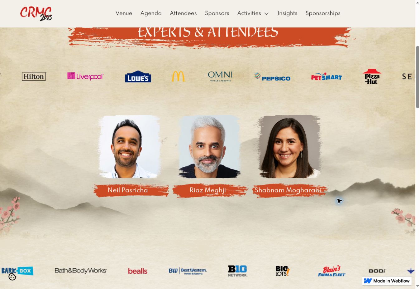 CRMC website redesign with textured paper, ink-wash mountains and brushstroke speaker cards