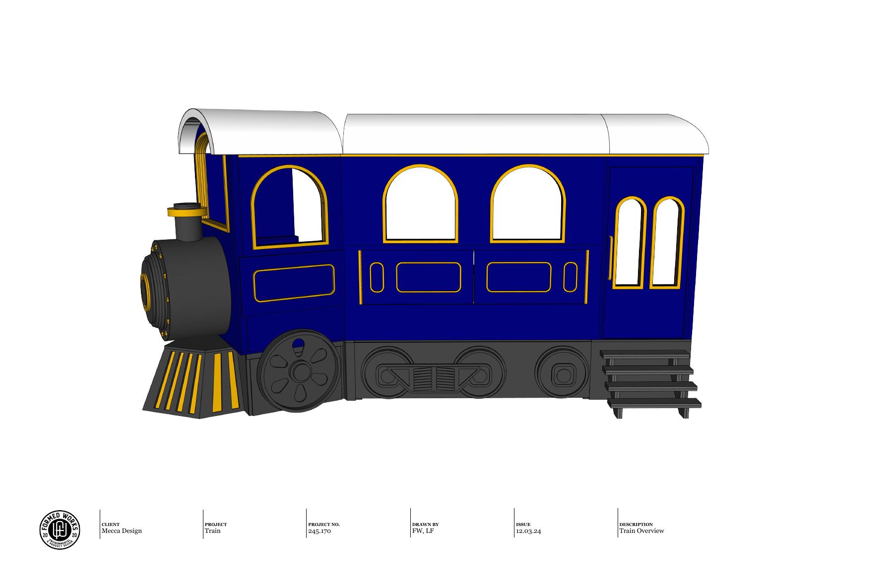 Exterior concept drawing of the blue and gold train bed, credited to Formed Works for Mecca Design