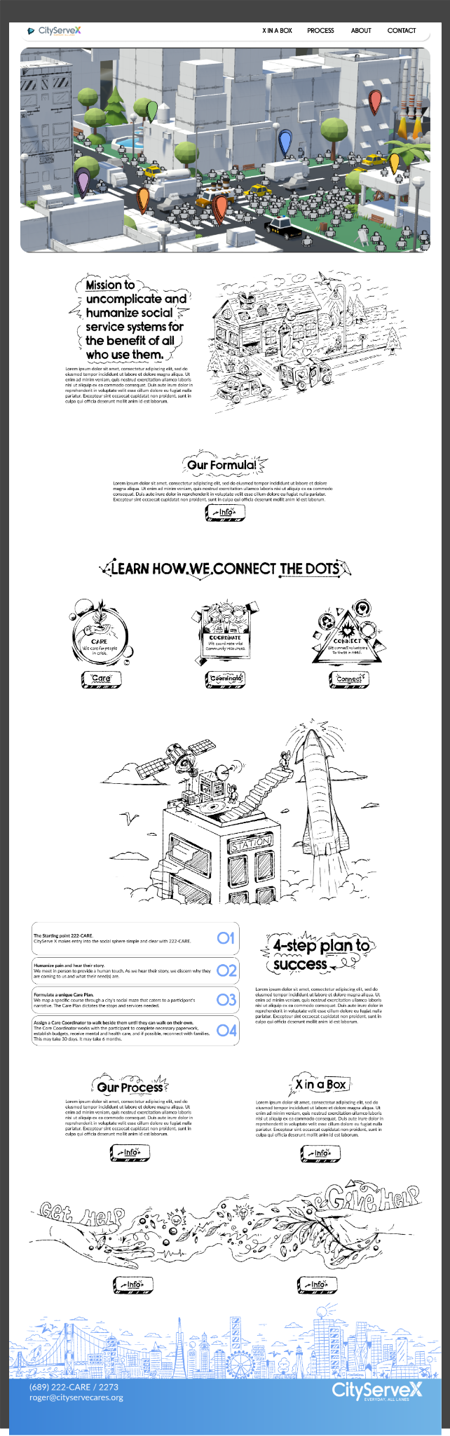Early CityServeX homepage concept with a dimensional city scene and hand-drawn storytelling