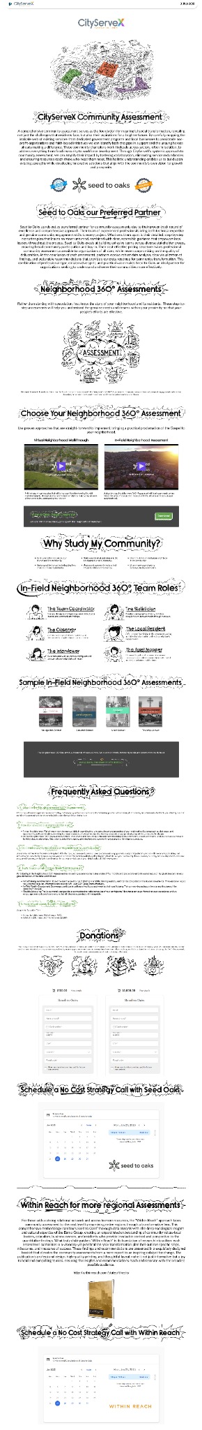 Early CityServeX community assessment page concept featuring Seed to Oaks