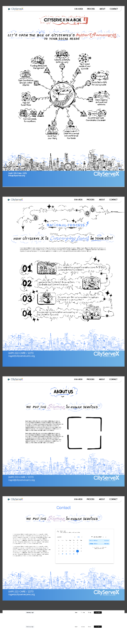 Early CityServeX page concepts showing the illustrated process, service offering and contact layouts