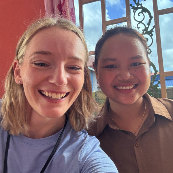 Tatum and Vanthib smile together in a selfie in Chong Kal, Cambodia