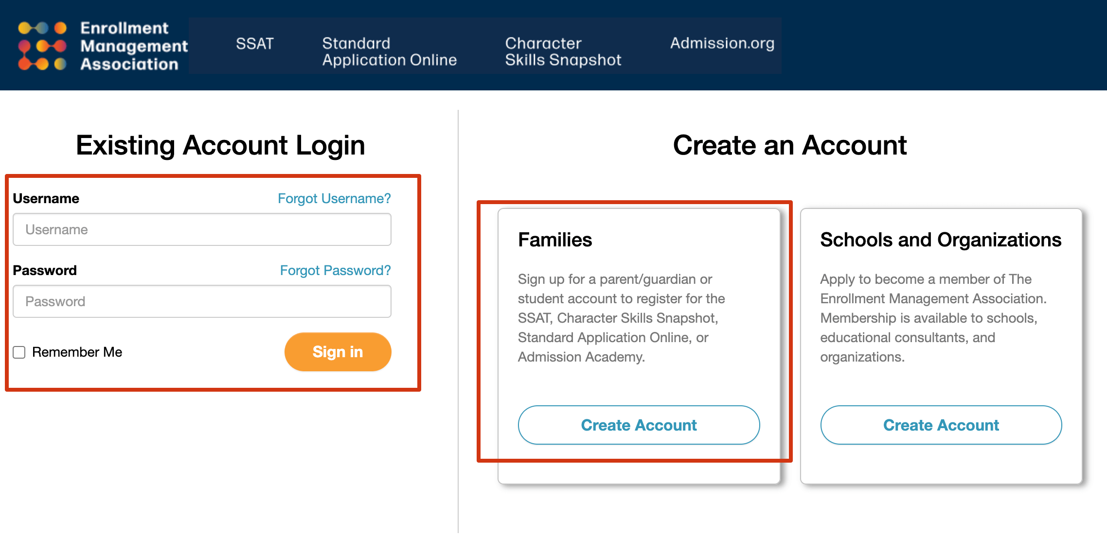 EMA account login screen.