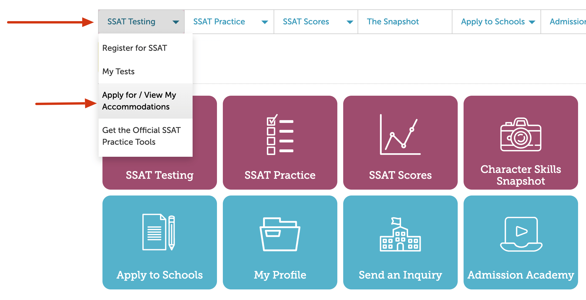 SSAT Testing menu options.