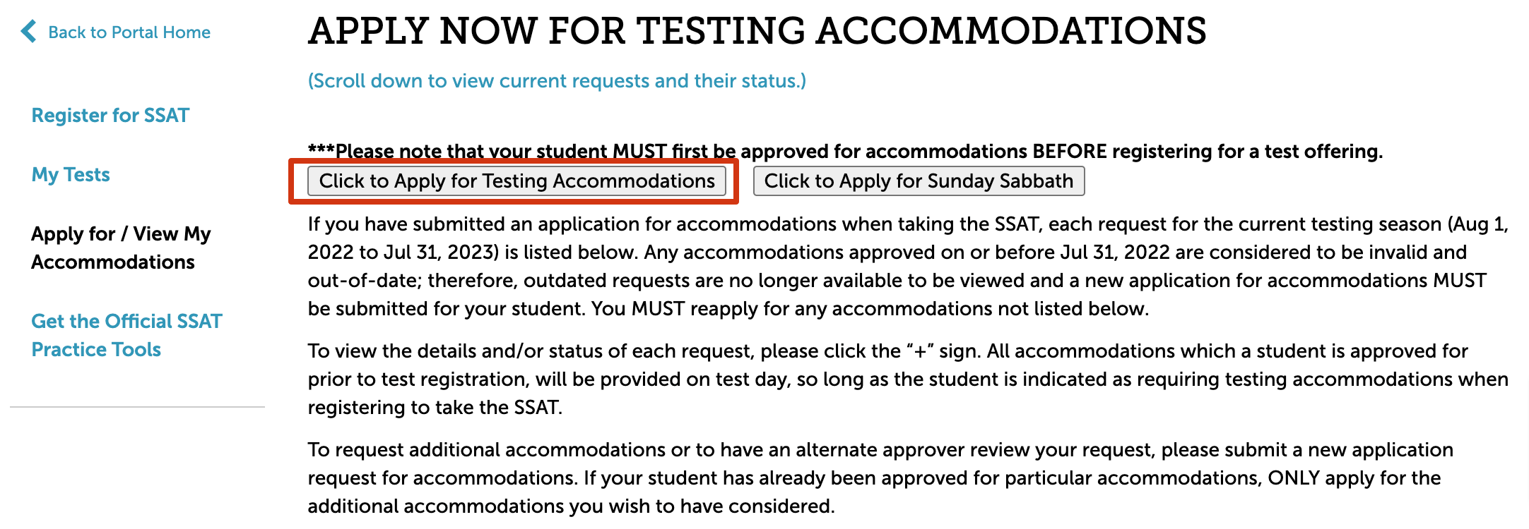 Apply for Testing Accommodations button.