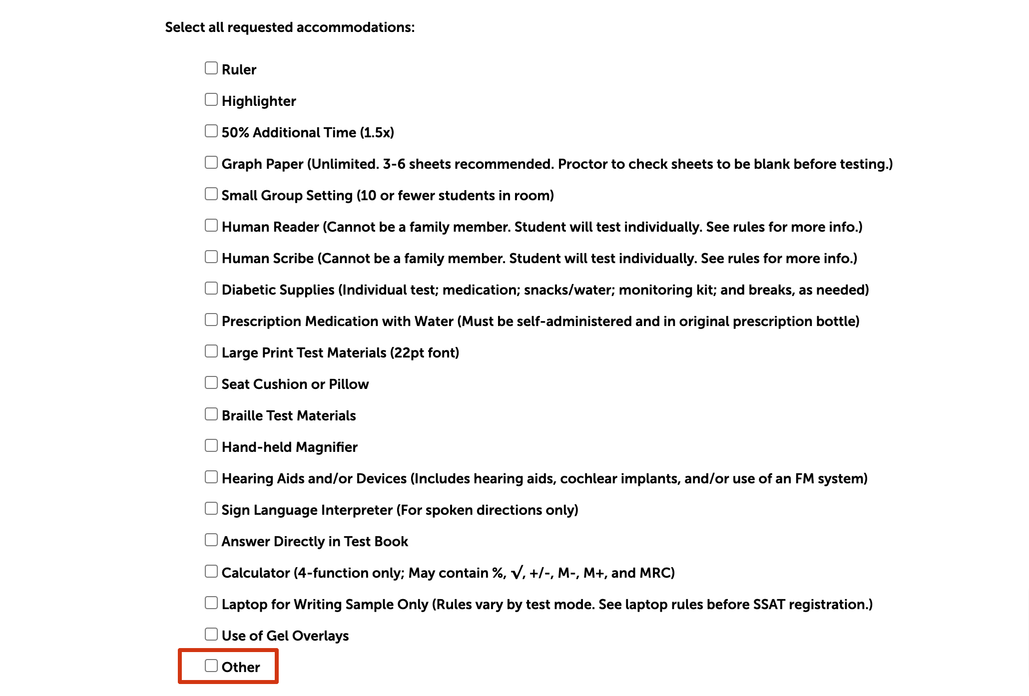 The requested accommodations section of the SSAT accommodations application. A list of common accommodations is shown to choose from.