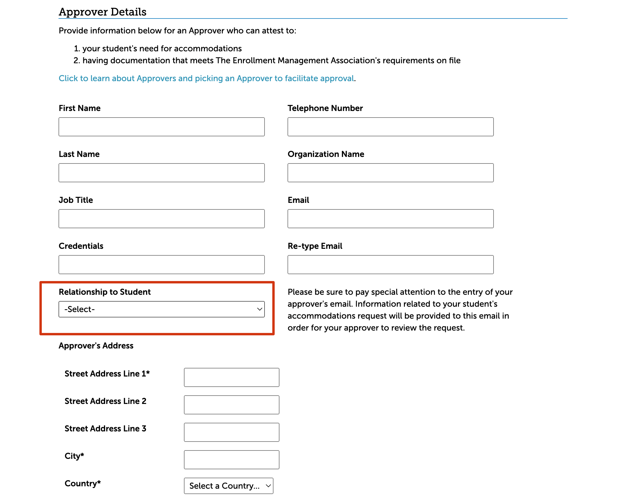 The approver section of the SSAT accommodations application. It asks for name, contact information, organization, relationship to the student, and the address.