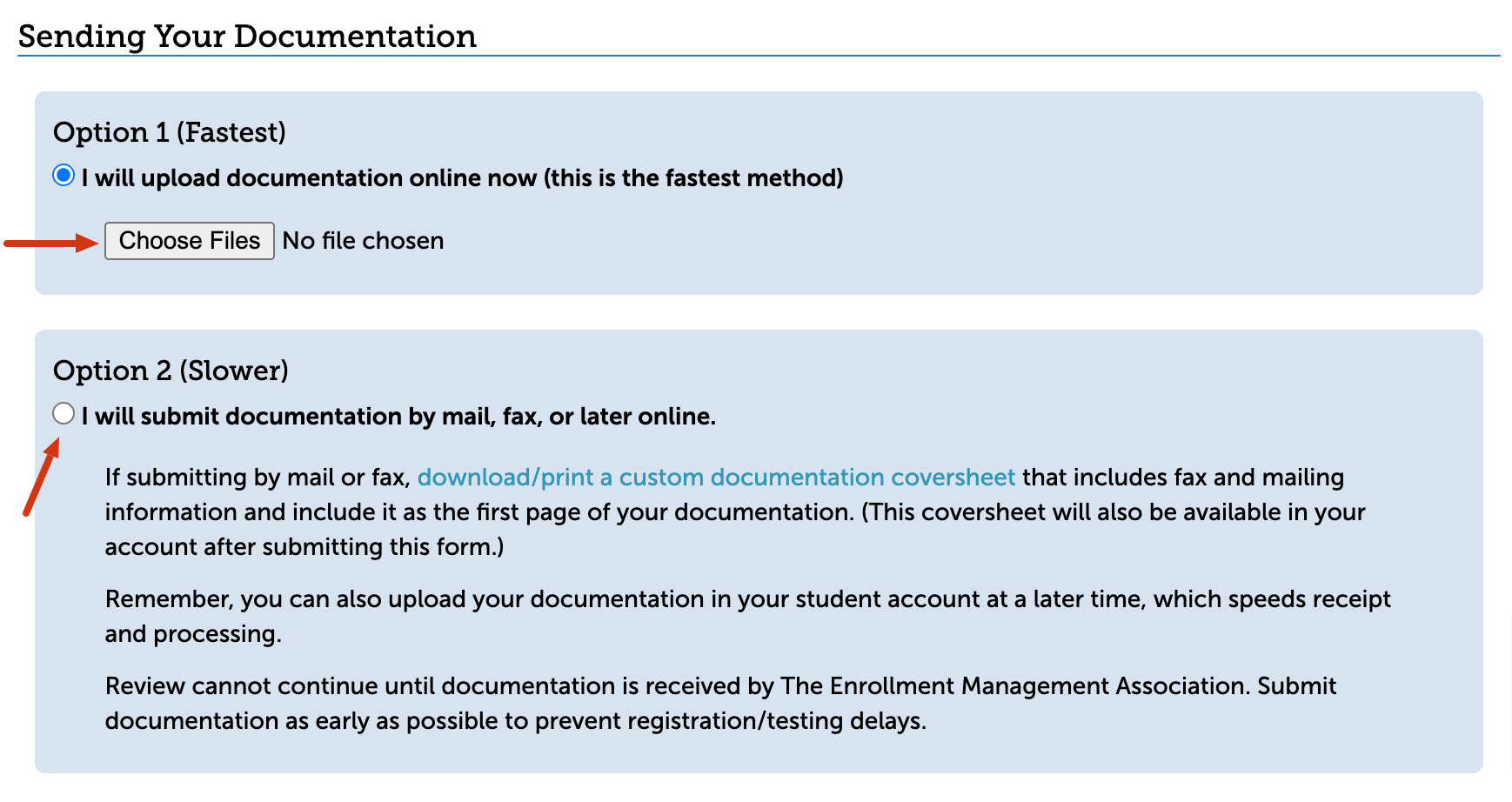 A screenshot showing the options for submitting documentation. Option 1 is to upload the file now. Option 2 is to submit via mail, fax, or online later.