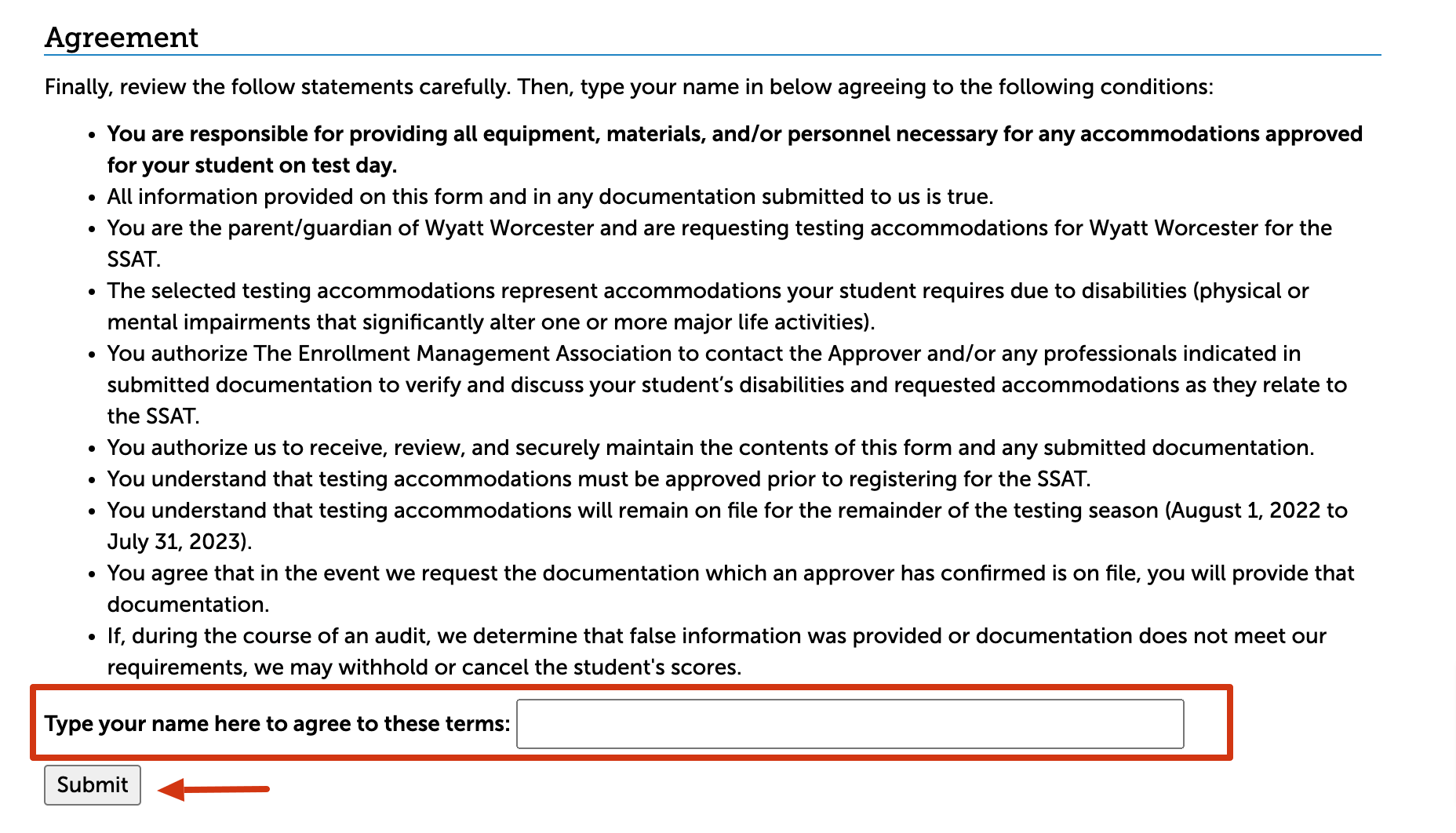 A screenshot of the terms and conditions with a box to sign electronically.