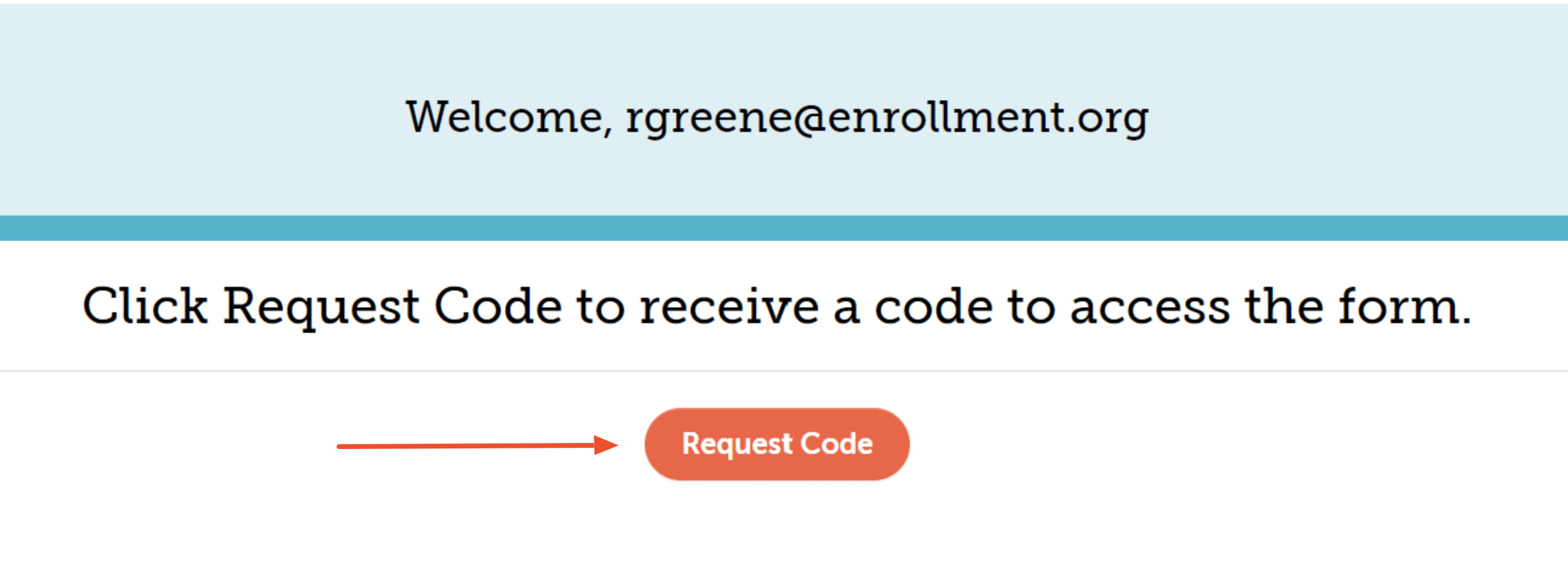 A screenshot of the initial accommodations approval page with an arrow highlight pointing out the orange "Request Code" button.