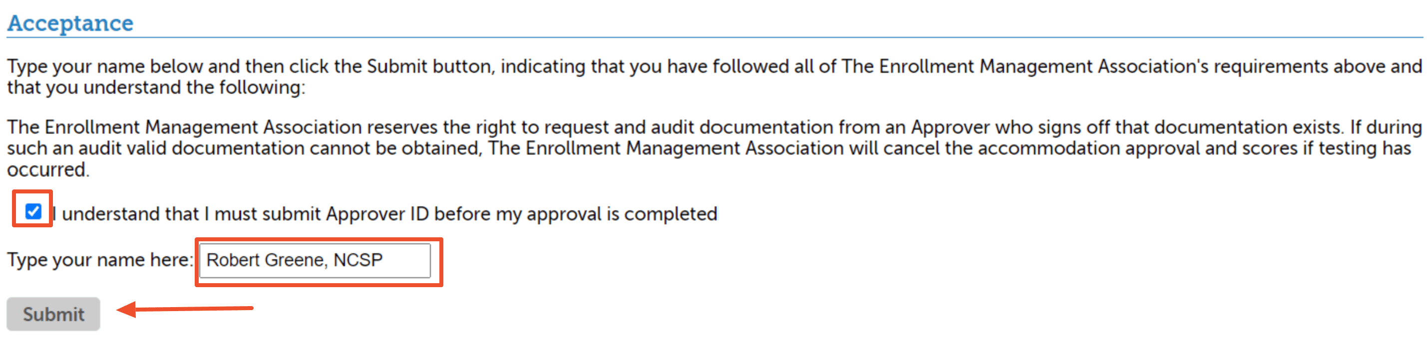 A screenshot of the terms acceptance with the "I understand" statement and the field to type the approver's name highlighted.