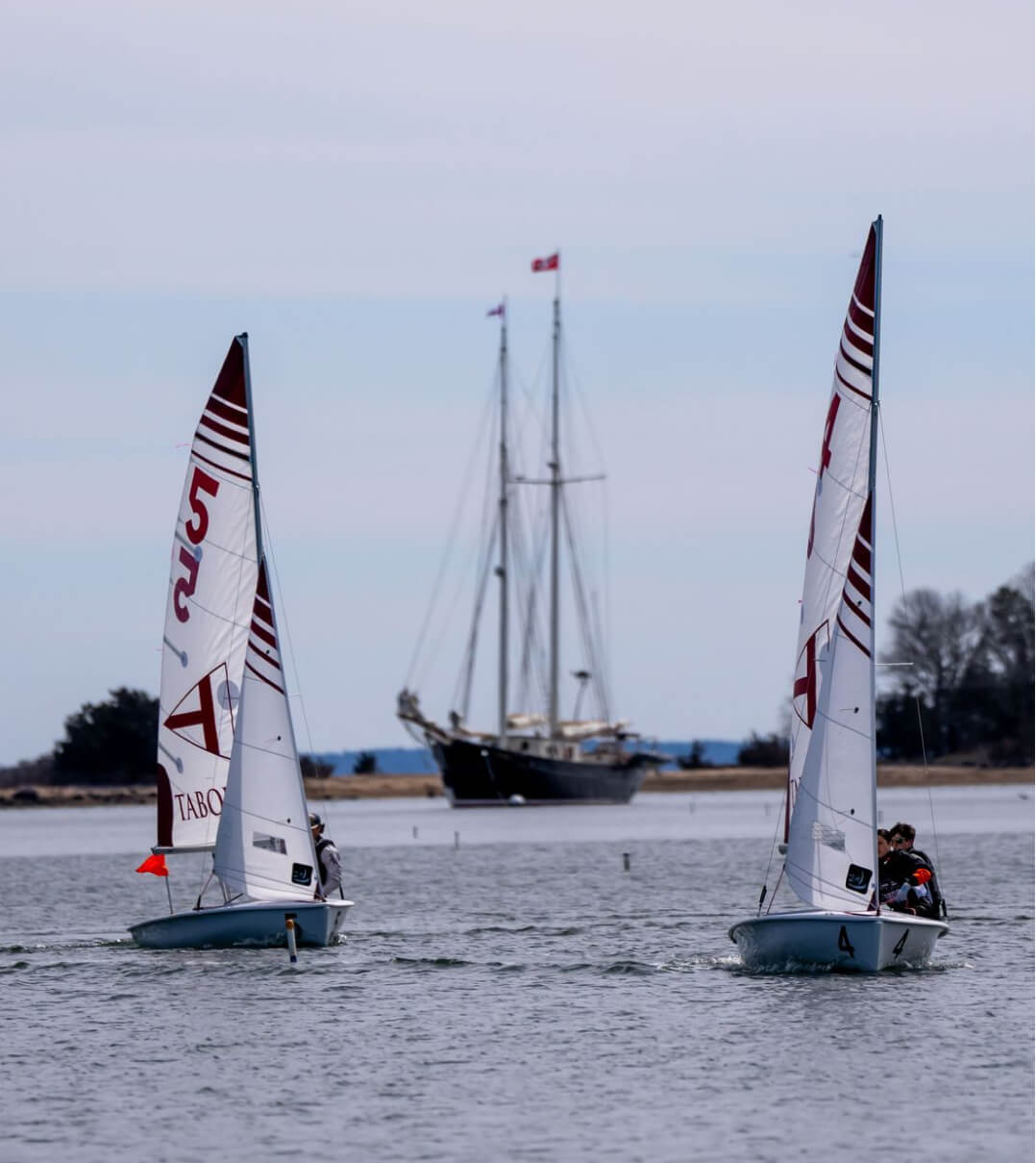 Students sailing Tabor boats in the harbor.