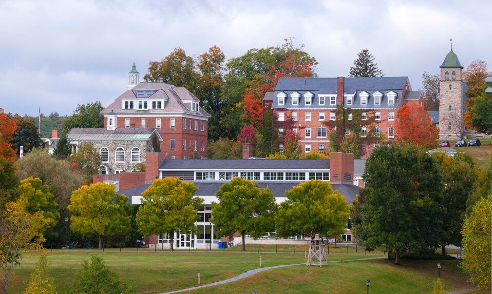 An at-a-distance view of the brick buildings on the KUA campus.
