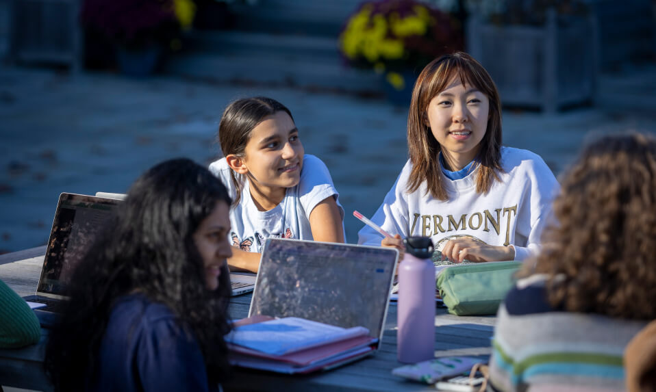 Hopkins Students sitting together and doing their homework at a picnic table outside.