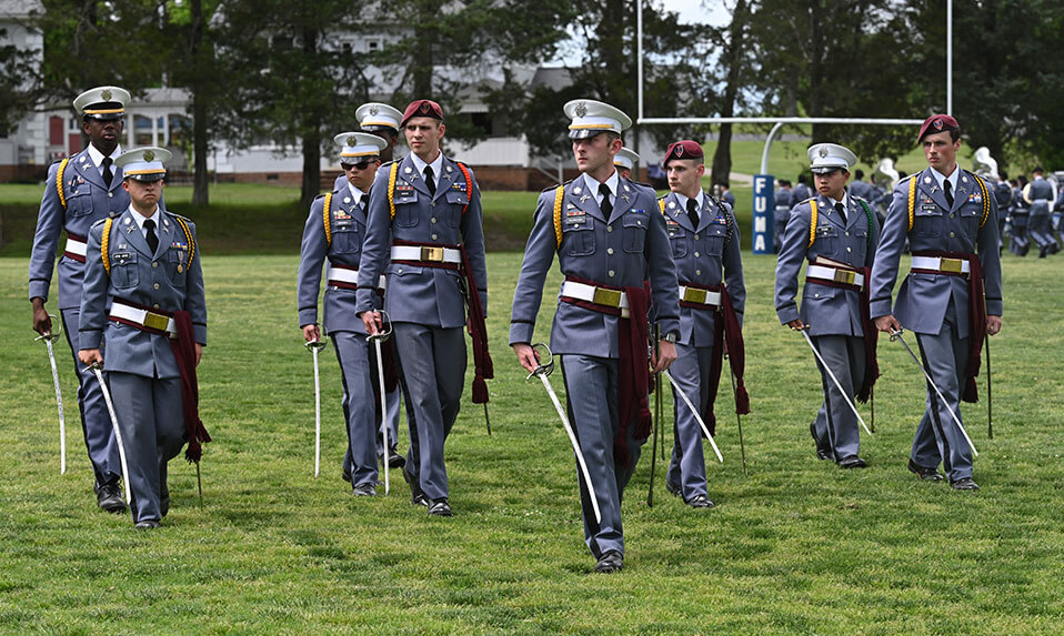 Fork Union Military Academy cadets in their dress uniforms marching.