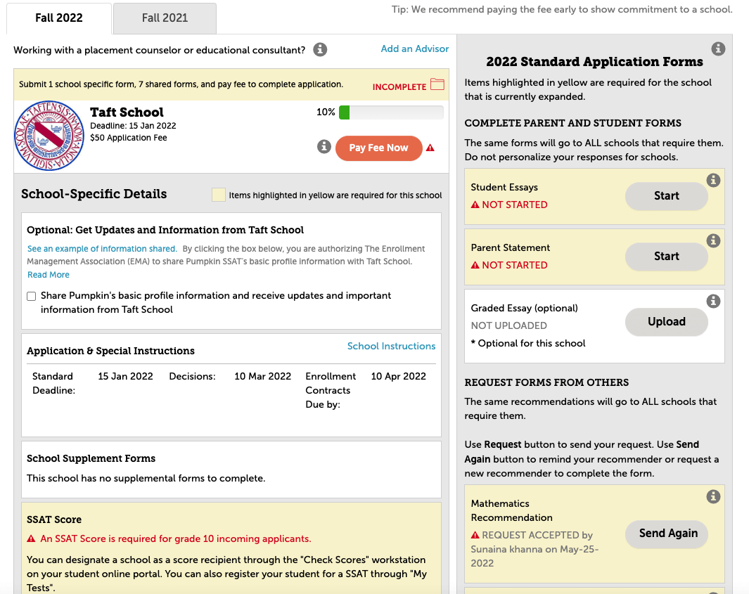 A screenshot of an SAO application in progress to the Taft School.