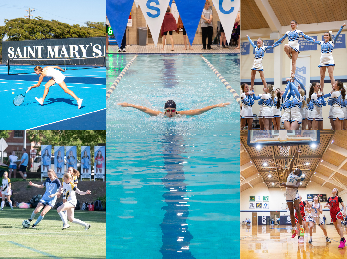 Photo collage; Top left: a tennis athlete aims to return a serve | bottom left: a soccer athlete keeps the ball away from her opponent | middle: a swimmer competes in a meet | top right: cheerleaders perform a stunt during a halftime show | bottom left: a basketball athlete is poised to score