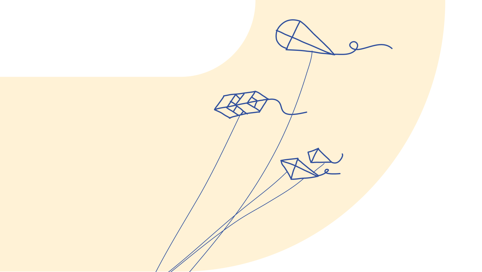 Decorative illustration of hand-drawn kites flying against a cream wave shape