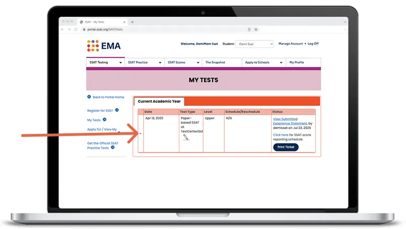 An image showing where to click on the SSAT "My Tests" page in the portal to order add-on services after SSAT registration.