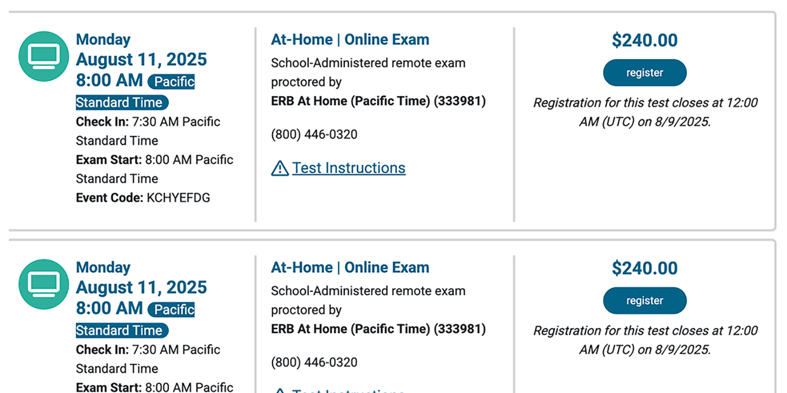 ISEE test registration listings showing available at-home online exam dates