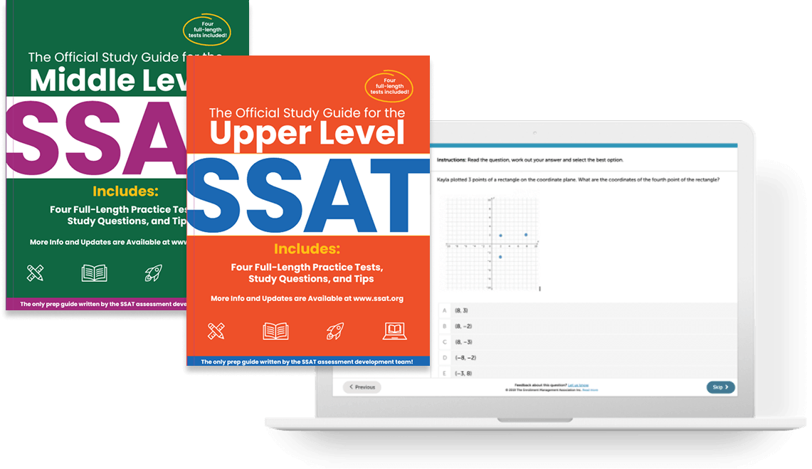 The covers to the Middle Level and Upper Level SSAT Guide Books along with a screen depicting online SSAT practice.