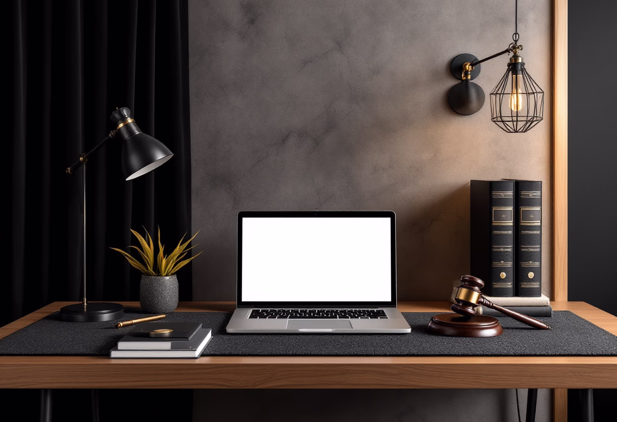[background image] image of a work desk with a laptop and documents (for a ai legal tech company)