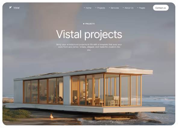 Modern glass-walled architectural house project by the ocean at sunset with Vistal website header and navigation.