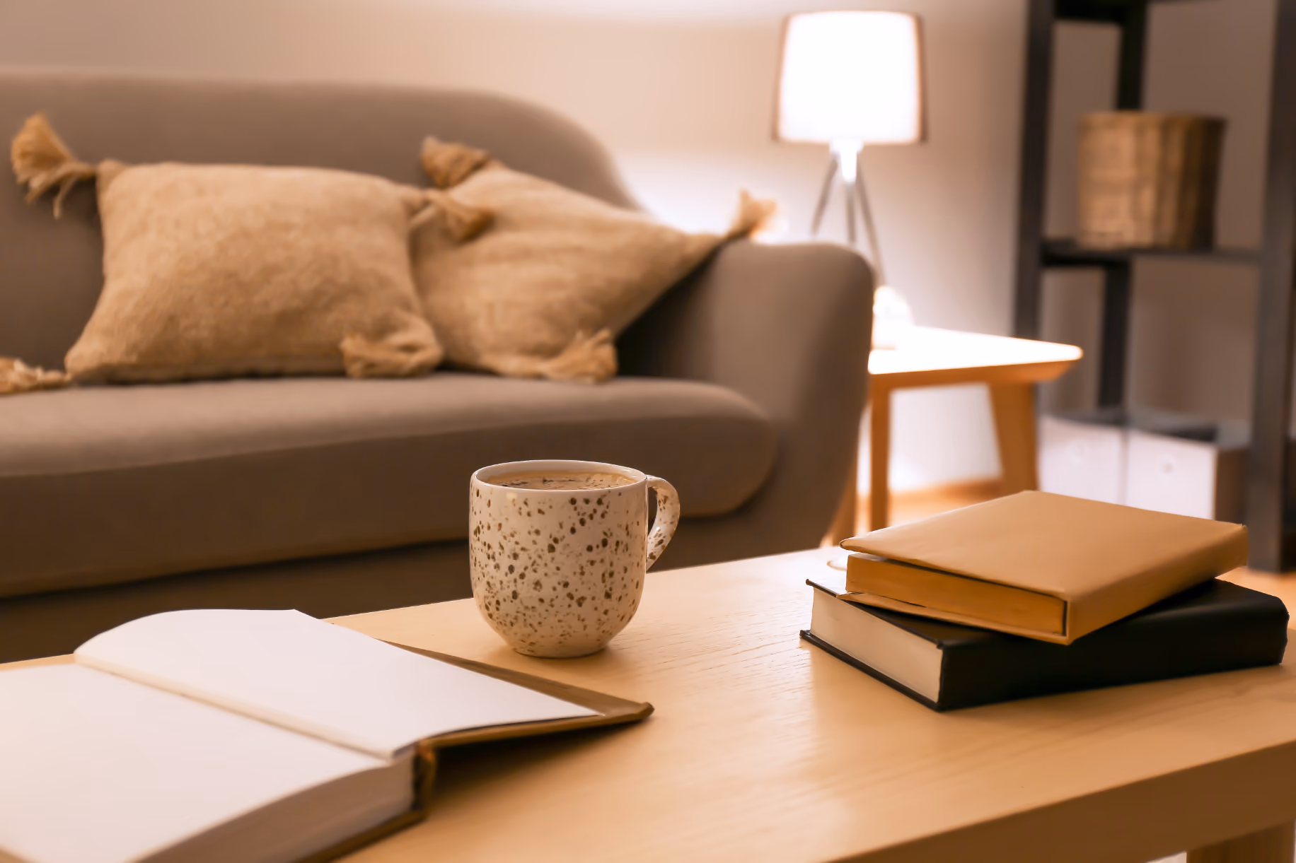Living area with sofa, coffee table with coffee mug and books stock image