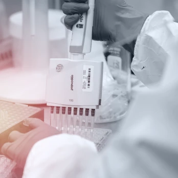 A scientist using a multi-pipette to add media to wellplates.