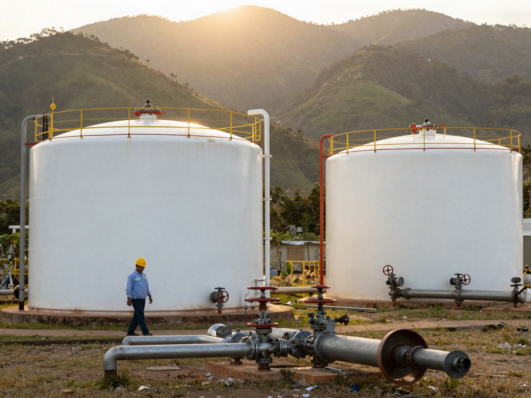 Tanques de almacenamiento de gas de Surgas al atardecer