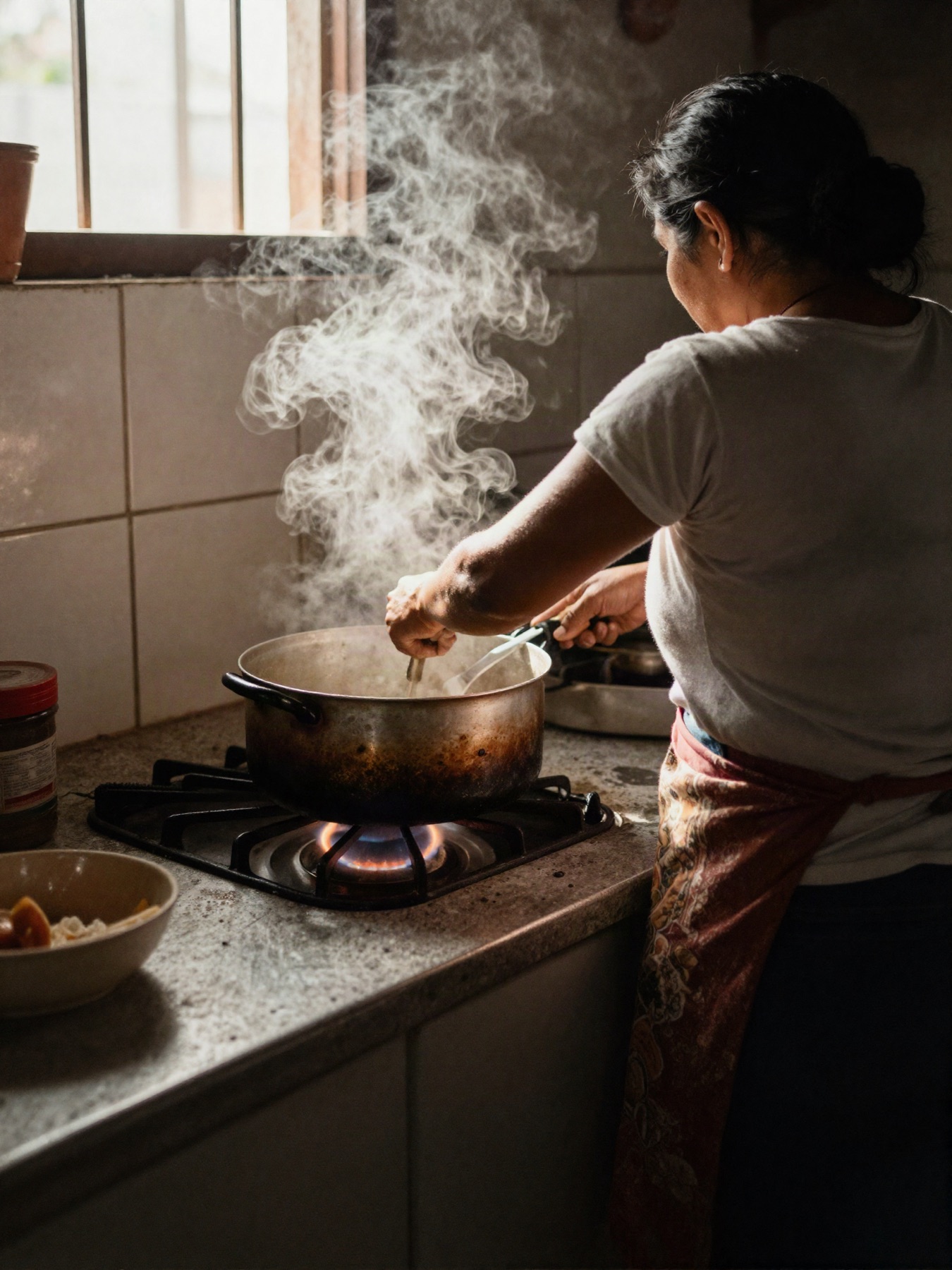 Mujer cocinando sobre la llama de gas en su cocina