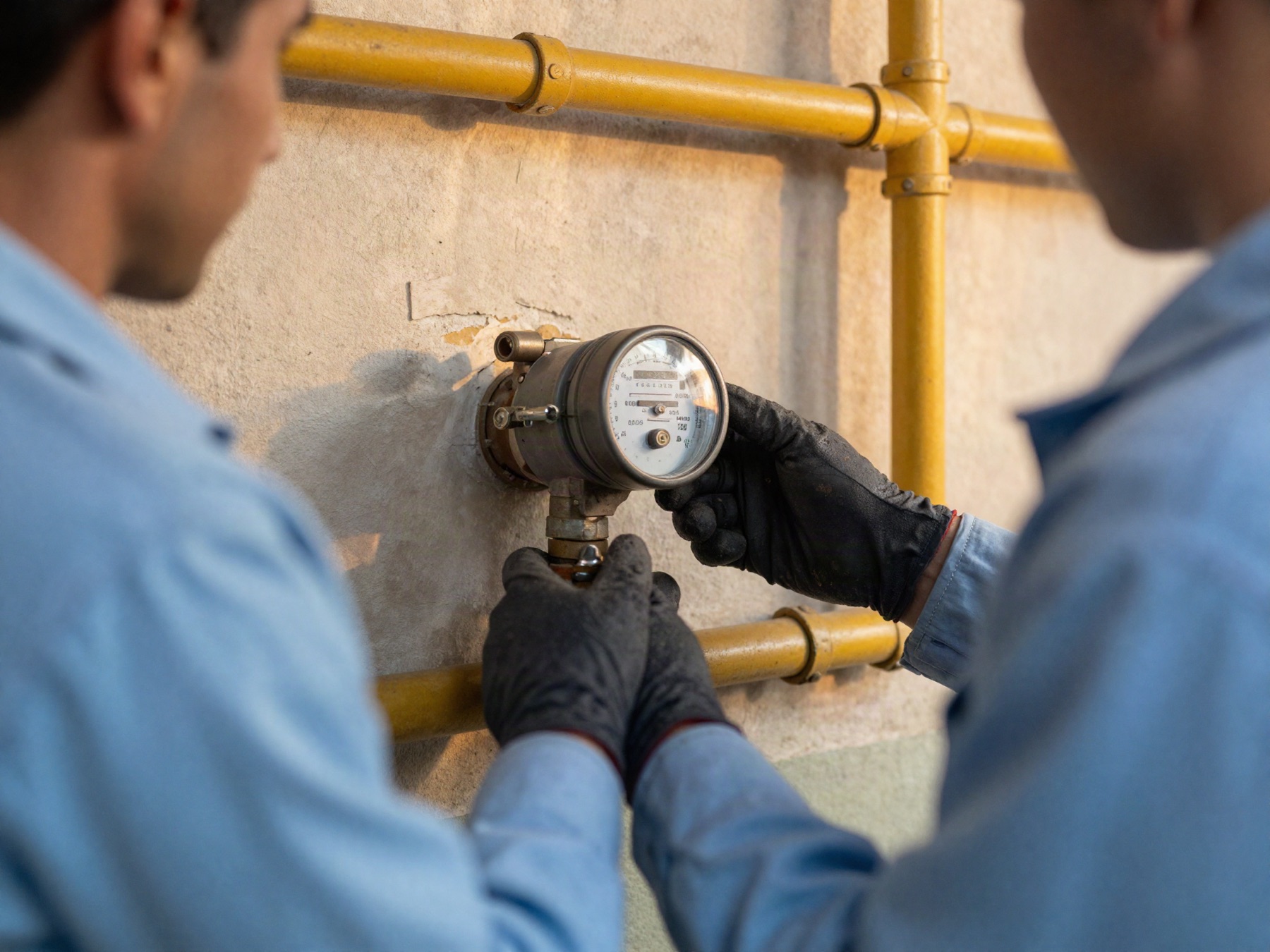 Técnicos revisando el medidor de gas domiciliario