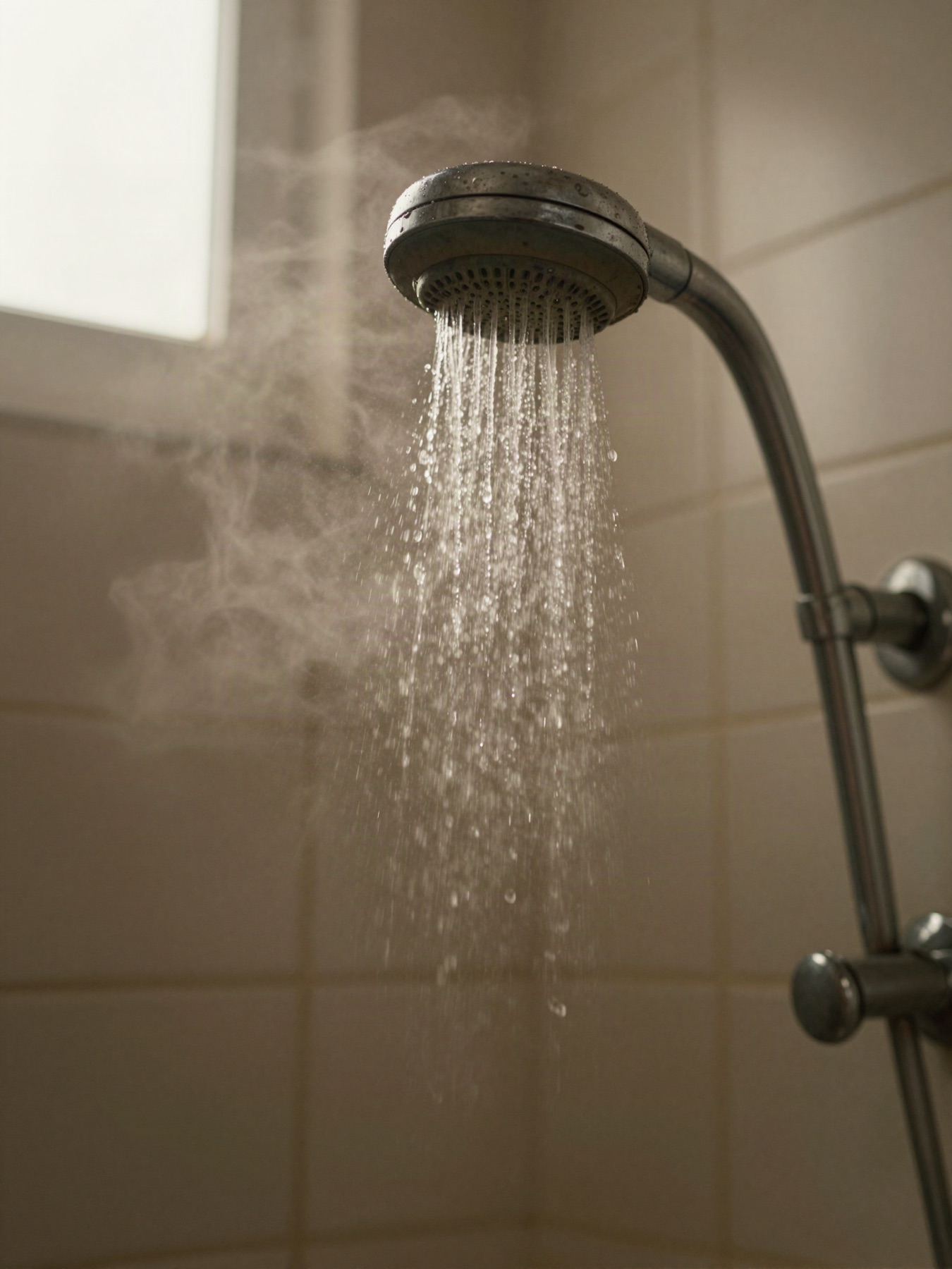 Agua caliente saliendo de la ducha con vapor