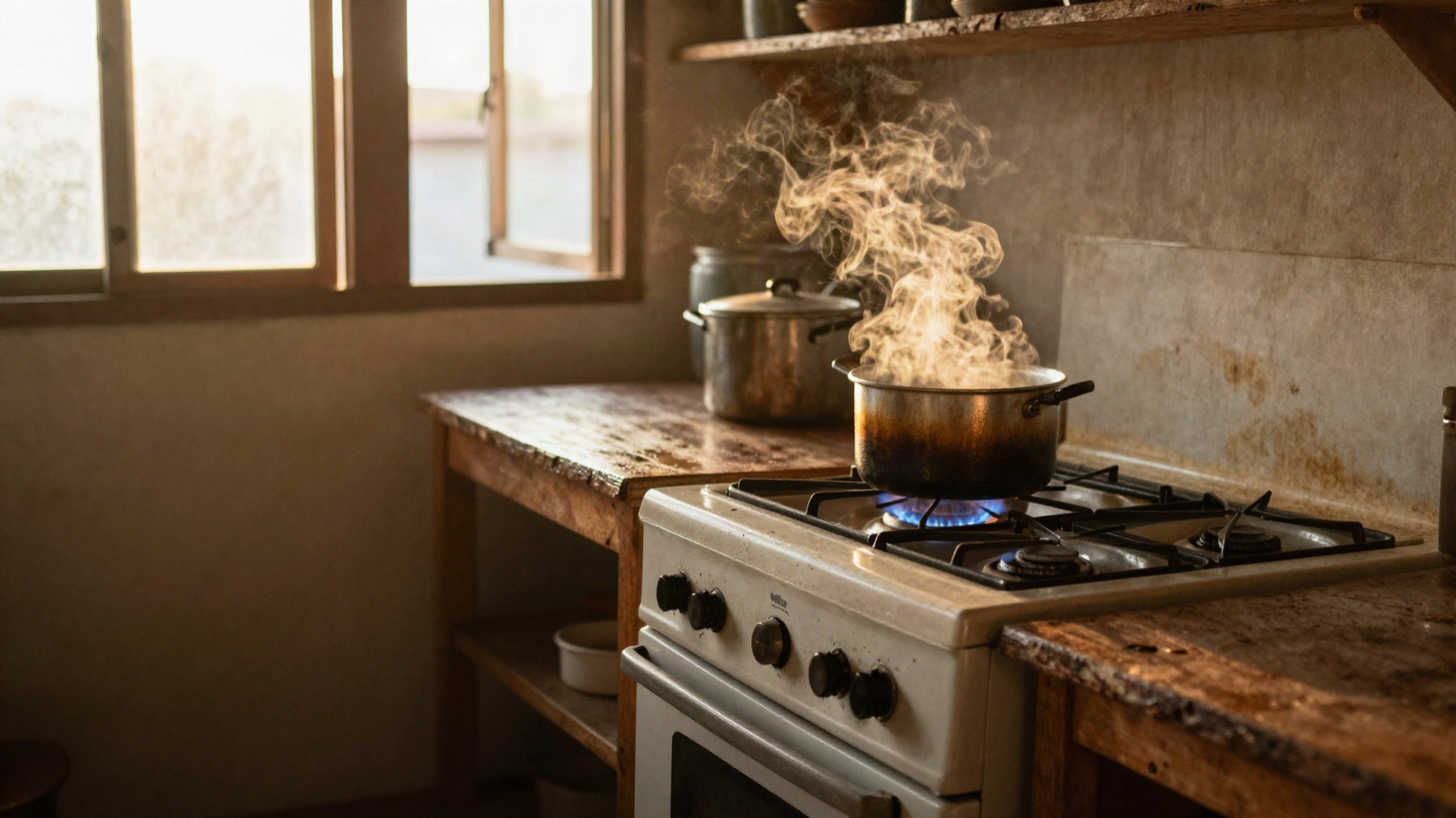 Cocina luminosa con la estufa de gas encendida