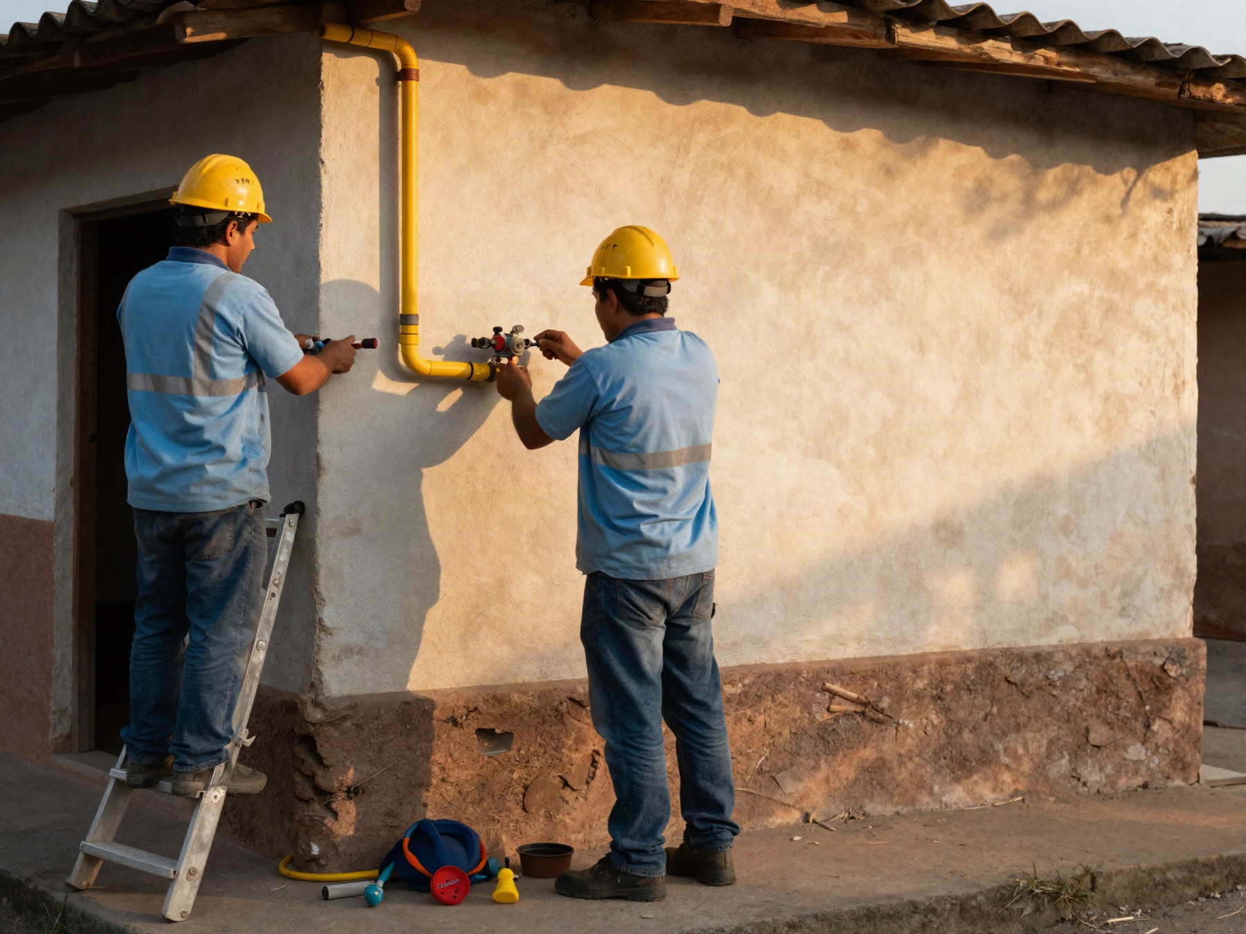 Técnicos instalando la acometida de gas en una vivienda