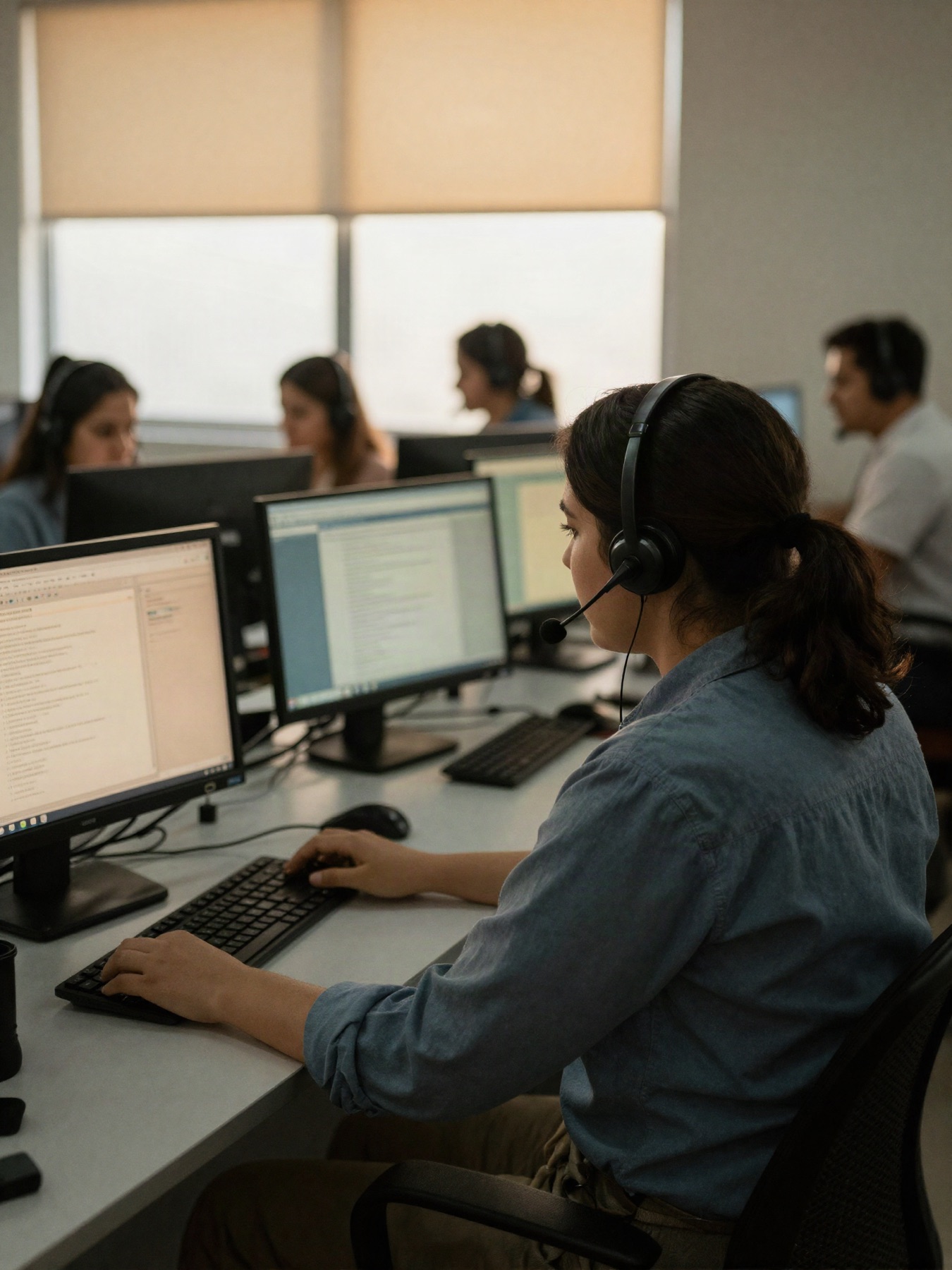 Asesora con diadema atendiendo llamadas en el call center de Surgas