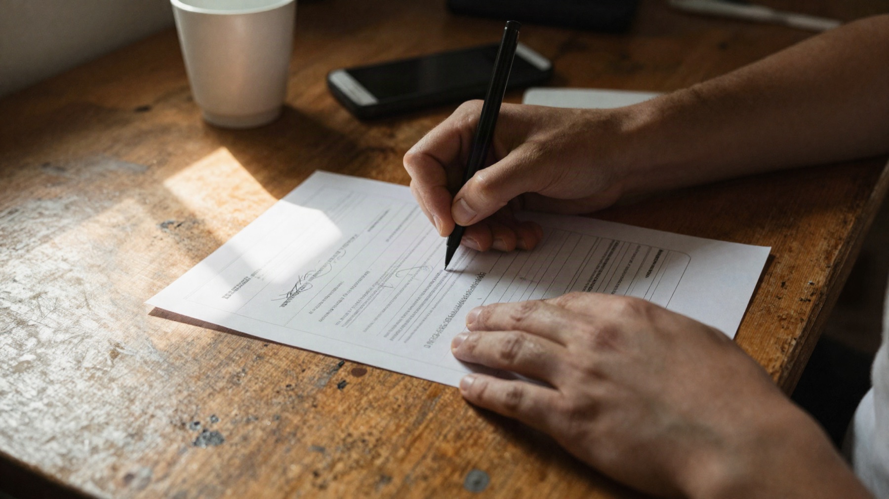 Usuario diligenciando a mano un formulario sobre una mesa
