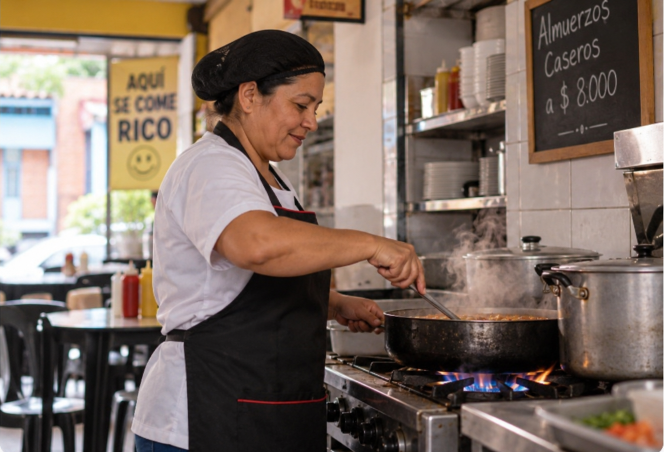 Mujer preparando alimentos en la cocina de un restaurante con estufa de gas