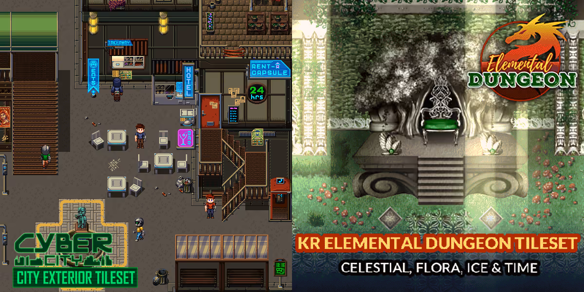 New Releases: Cyber City: Exterior Tiles, KR Elemental Dungeon Tileset - Celestial Flora Ice Time