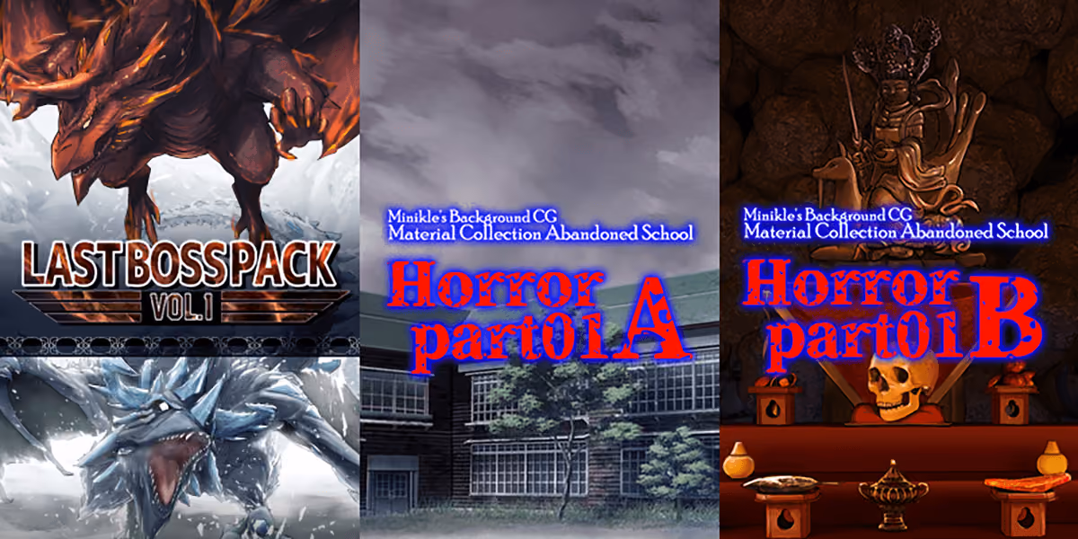 New Releases: Last Boss Pack Vol.1, Minikle's Background CG Material Collection Abandoned School Horror part01 A & B